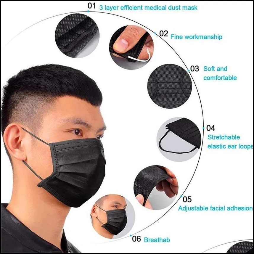 us stock black disposable face masks 3layer protection mask with earloop mouth face sanitary outdoor masks
