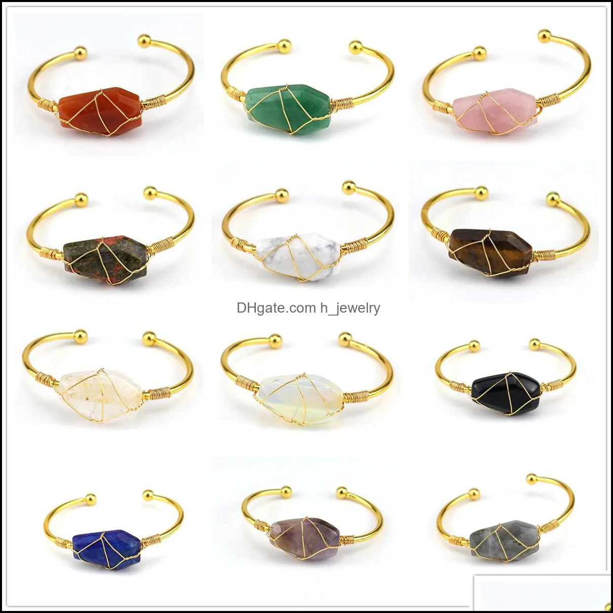 hexagonal gemstone cuff bracelet for women girls handmade gold wire woven lift of tree healing chakra crystal friendship bangle charms