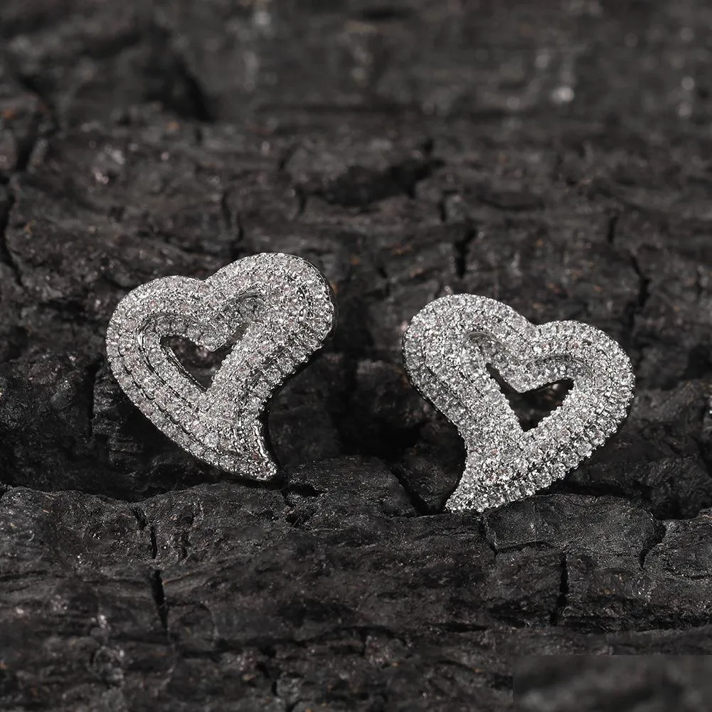 1 pair hip hop claw set cz stone bling ice out 3 layers heart stud earrings for men women uni lovers rapper jewelry