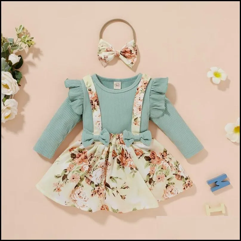 clothing sets baby girls solid color clothes 3 piece set summer sweet ruffle long sleeve tops floral pritn skirt headband child outfits