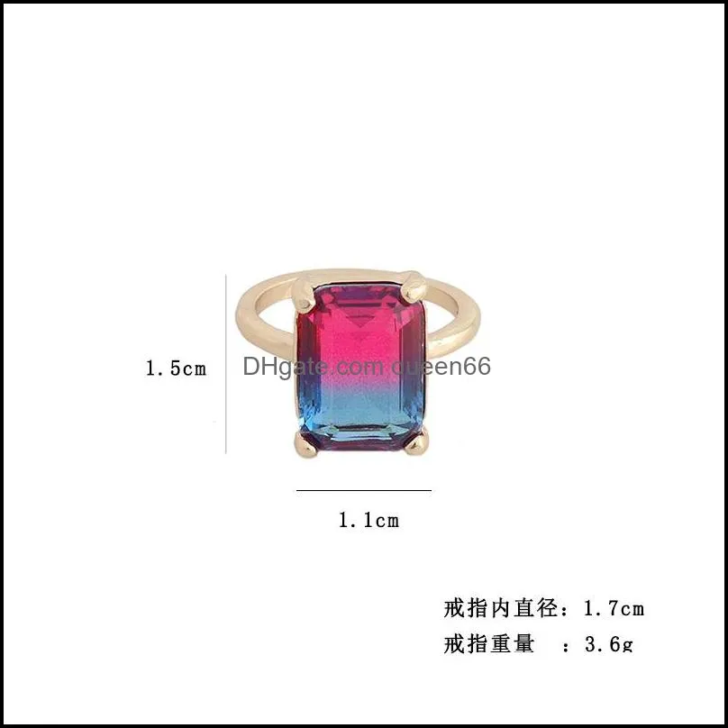 fashion gold plated rectangle gradient glass crystal rings chromatic geometric ring for women jewelry gift