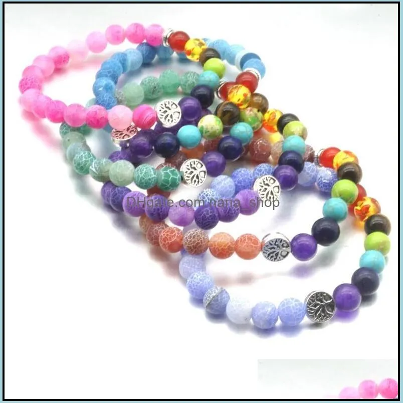 tree of life 8mm seven chakras weathered agate stone beads elastic bracelet pray beaded hand strings jewelry