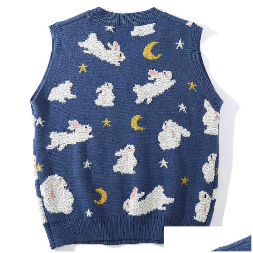 lacible streetwear harajuku knitted vest moon rabbit sleeveless pullover sweater vest autumn loose casual knit tank tops unisex 211221