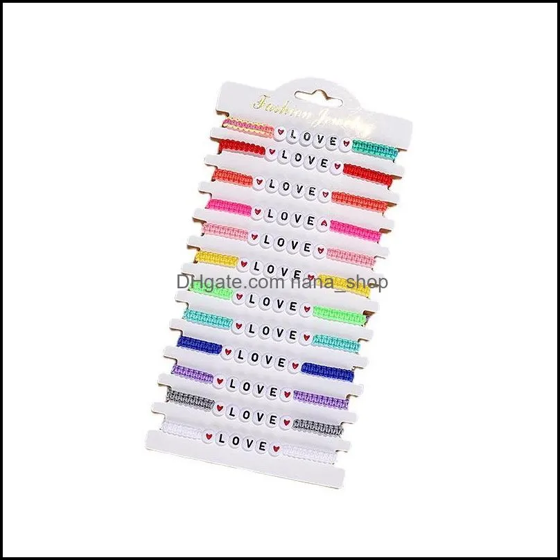 12pc/pack love hope acrylic 26 letter braided bracelet set adjustable rope friendship jewelry charm bracelets lovely women men