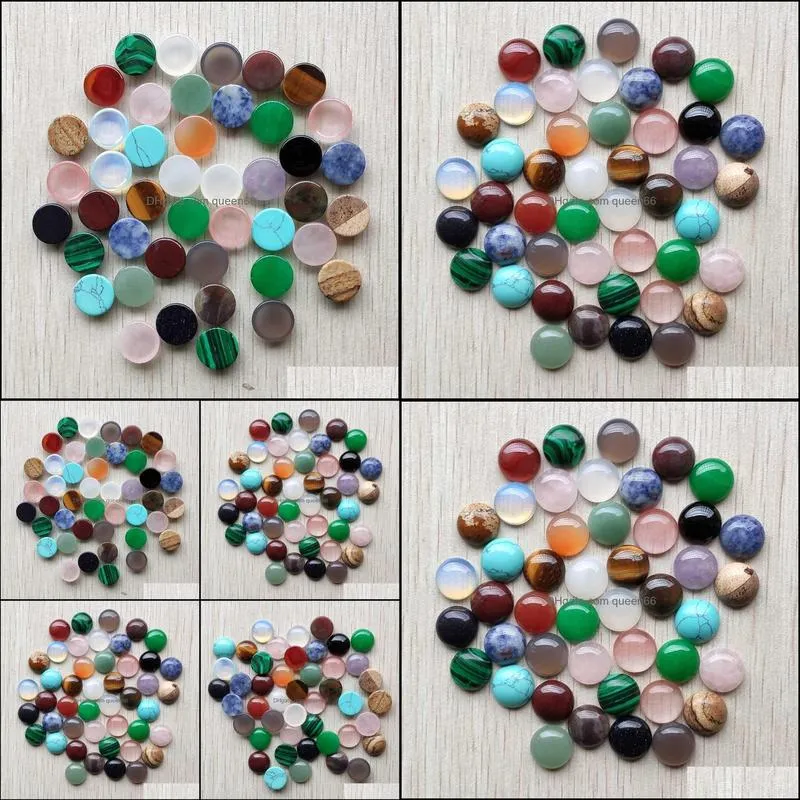 14mm assorted natural stone flat base round cabochon green pink cystal loose beads for necklace earrings jewelry clothes accessories making