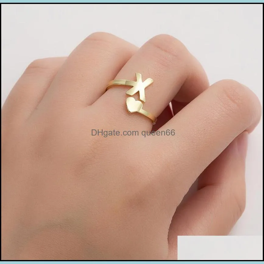 gold silver open lover heart stainless steel rings 26 letters ring for woman opening wedding zodiac finger ring birthday jewelry gift
