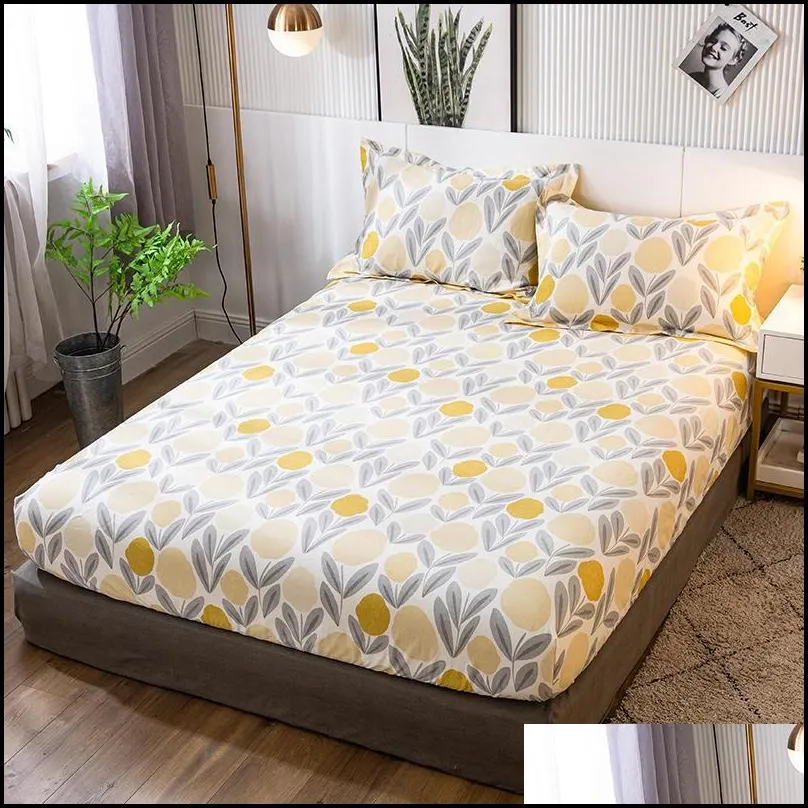 100 cotton bed linens queen/king size fitted bed sheet with elastic band yellow color cotton mattress protector double sheets 201113