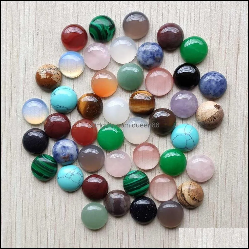 14mm assorted natural stone flat base round cabochon green pink cystal loose beads for necklace earrings jewelry clothes accessories making