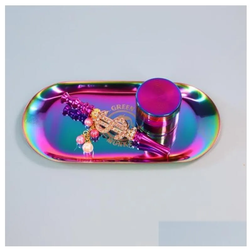 rainbow launched smoking sets metal herb grinder rainbow rolling trays bling bling blunt holders