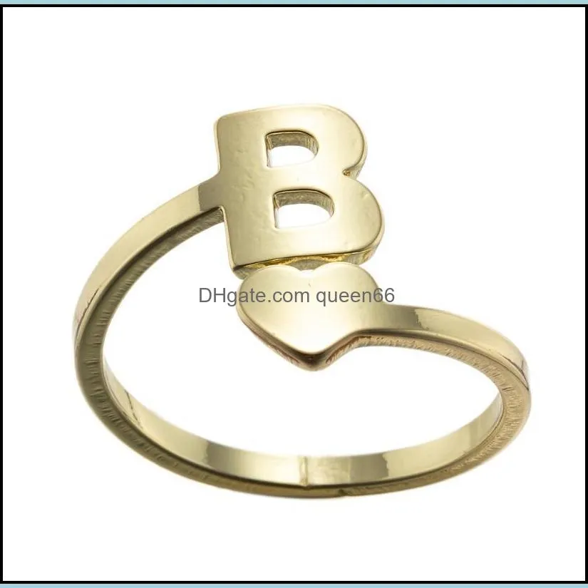 gold silver open lover heart stainless steel rings 26 letters ring for woman opening wedding zodiac finger ring birthday jewelry gift