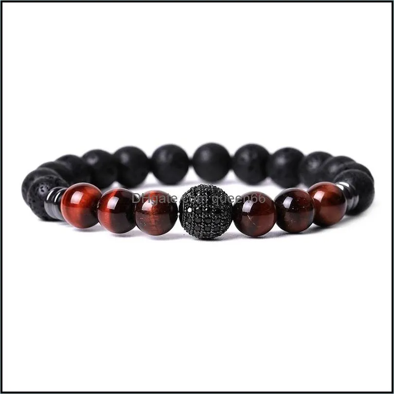cubic zircon ball hand jewelry red tiger eye lava stone bead bracelet elastic stretch men bracelets
