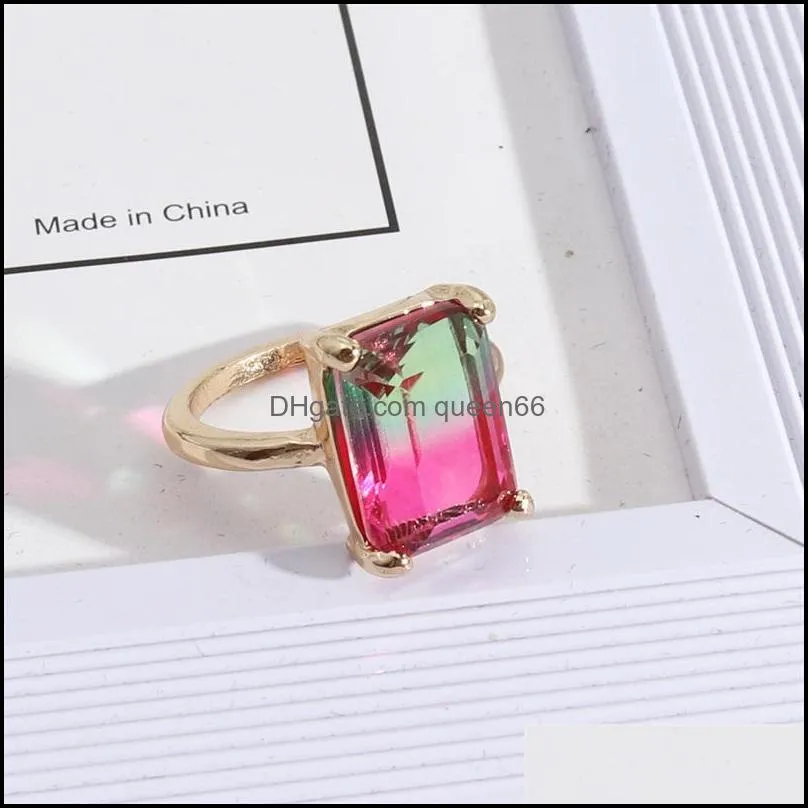 fashion gold plated rectangle gradient glass crystal rings chromatic geometric ring for women jewelry gift