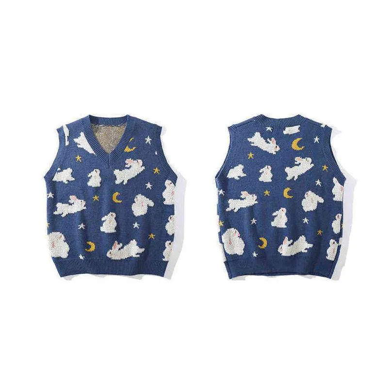 lacible streetwear harajuku knitted vest moon rabbit sleeveless pullover sweater vest autumn loose casual knit tank tops unisex 211221