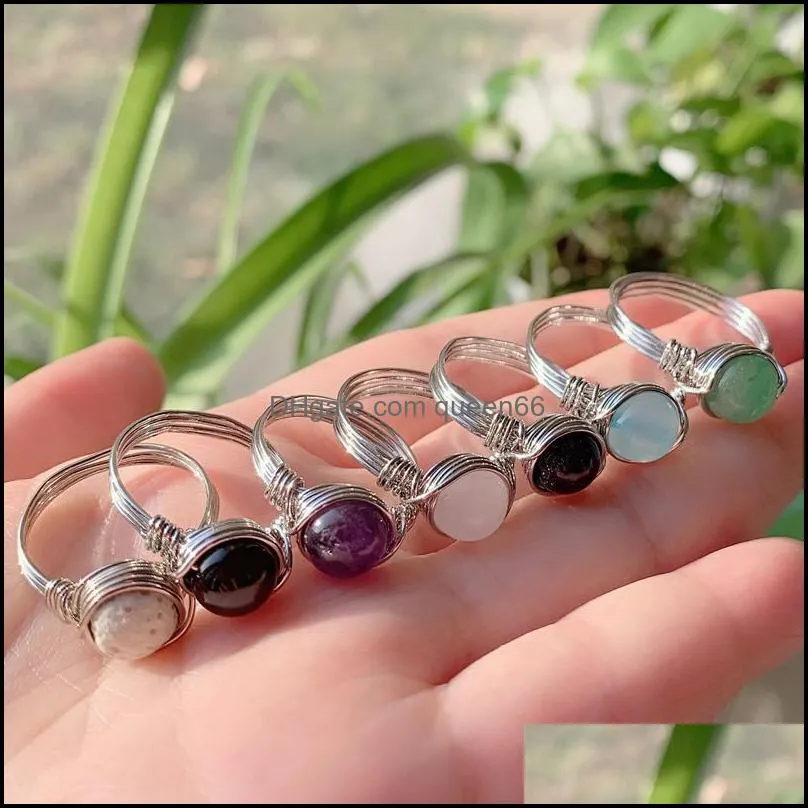 natural stone wire wrapped crystal ring healing purple amethysts agates pink quartz fashion women rings party wedding jewelry