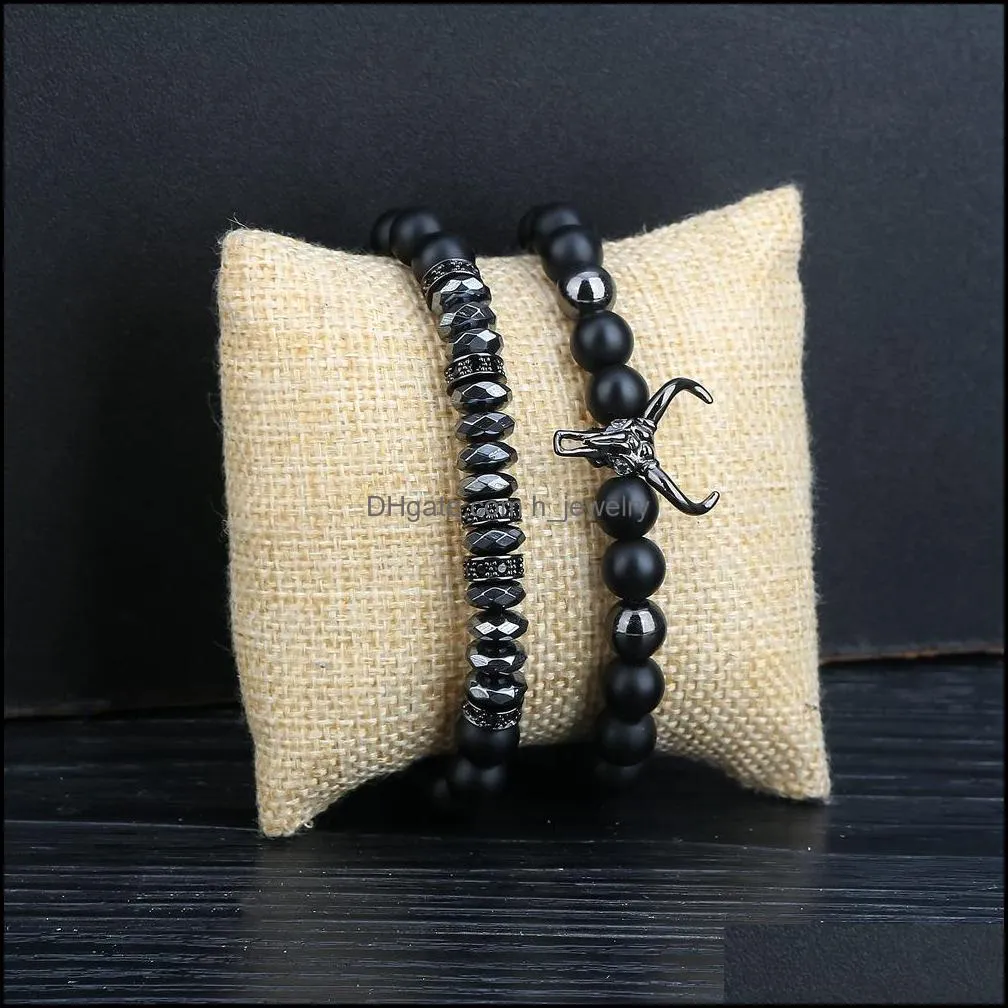 bead bracelets for men charm black bull matte onyx stone bangle fashion 8mm charm ox head bracelets bangles jewelry