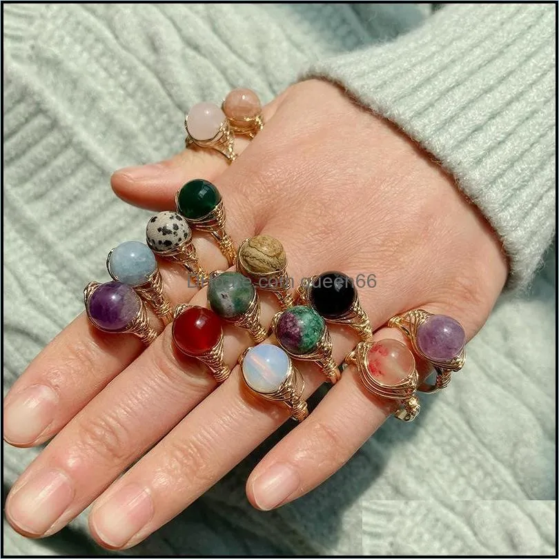 wire wrap 10mm beads healing natural stone druzy crystal rings gold adjustable amethyst lapis pink quartz women ring party wedding