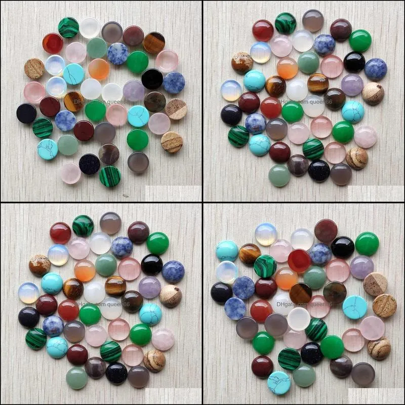 14mm assorted natural stone flat base round cabochon green pink cystal loose beads for necklace earrings jewelry clothes accessories making