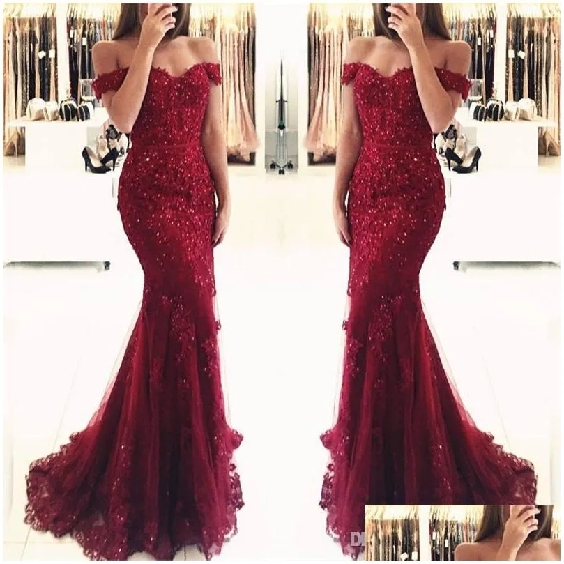 stunning crystal burgundy mermaid prom dresses off the shoulder sweetheart soft tulle lace floor length formal evening dresses