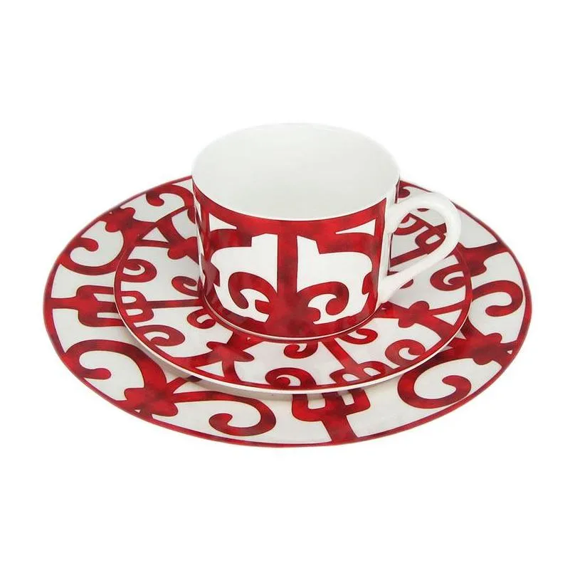 ceramic steak plate coffee cup and saucer bone china dinnerware set western food tray red pattern 201116