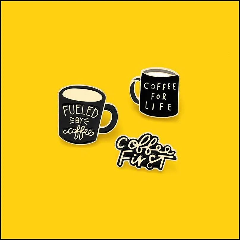 coffee for life cup vintage enamel brooches pin for women fashion dress coat shirt demin metal brooch pins badges promotion black