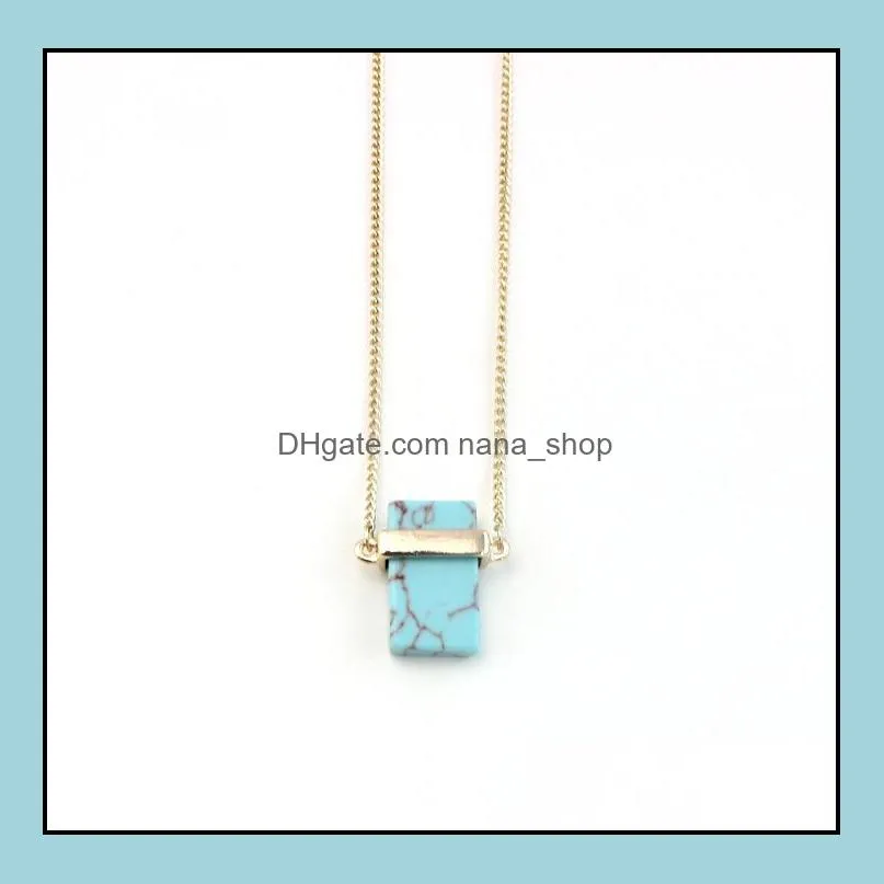 fashion rectangle natural stone gold plated blue pink quartz turquoise necklace long sweater necklaces for women jewelry gift