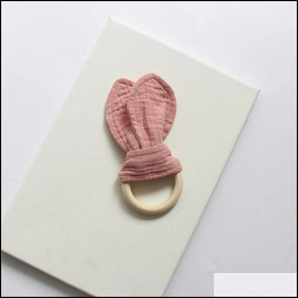 bunny ear teether fabric wooden teething ring with crinkle material shower gift