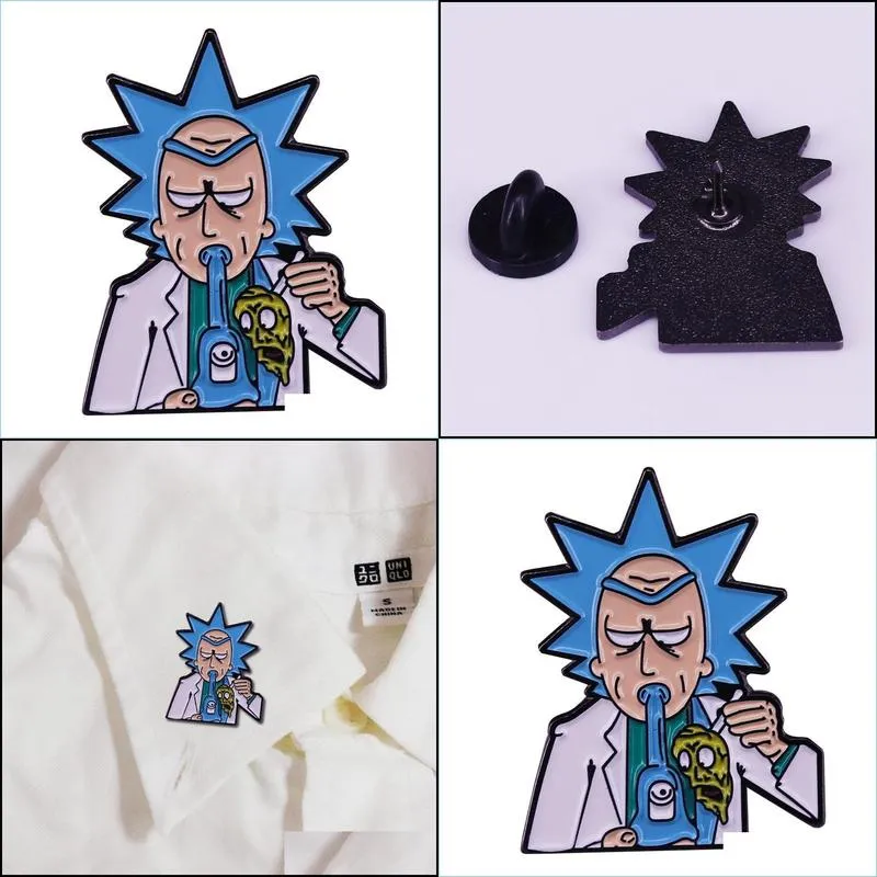 mad scientist rick smoking dab rig enamel pin aesthetic brooch multiverse adult cartoon tv show badge