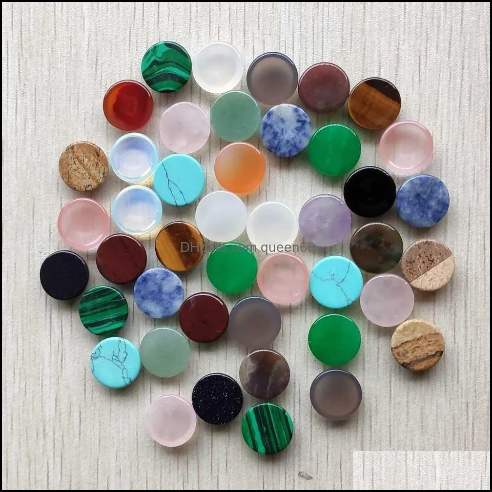 14mm assorted natural stone flat base round cabochon green pink cystal loose beads for necklace earrings jewelry clothes accessories making