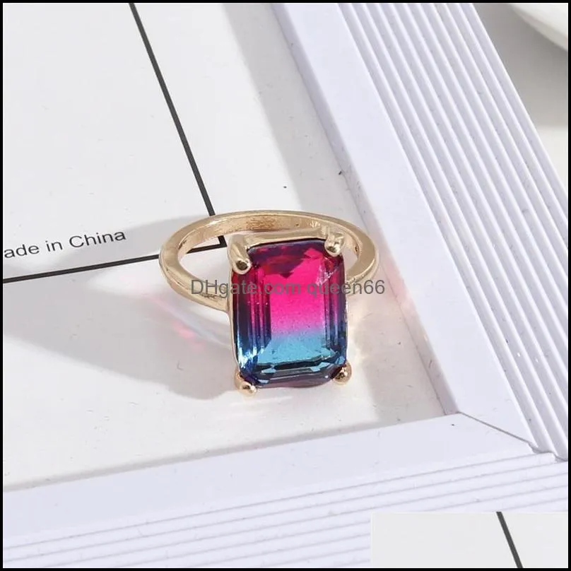 fashion gold plated rectangle gradient glass crystal rings chromatic geometric ring for women jewelry gift