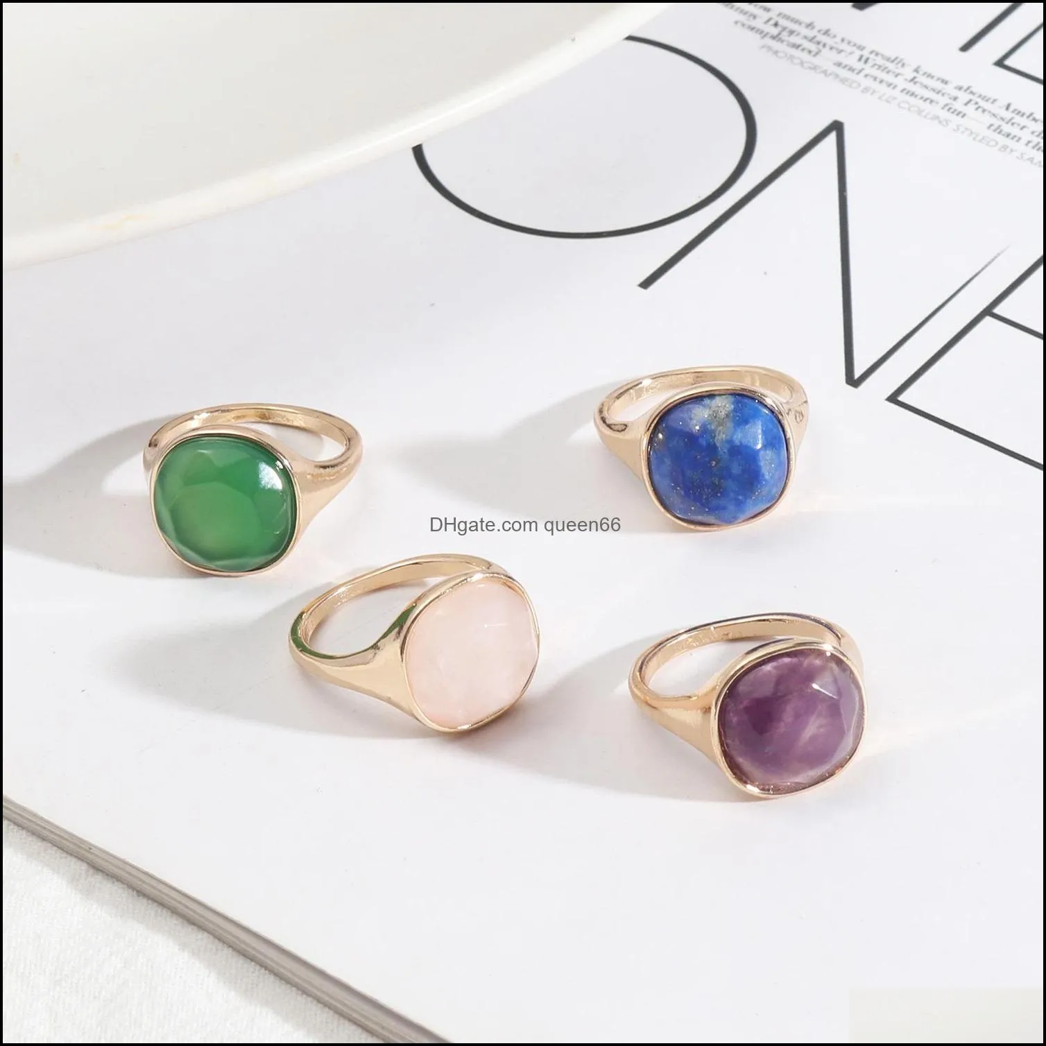 fashion round pink rose quartz purple green healing crystal rings natural stone ring geometric gold plated white blue for women jewelry