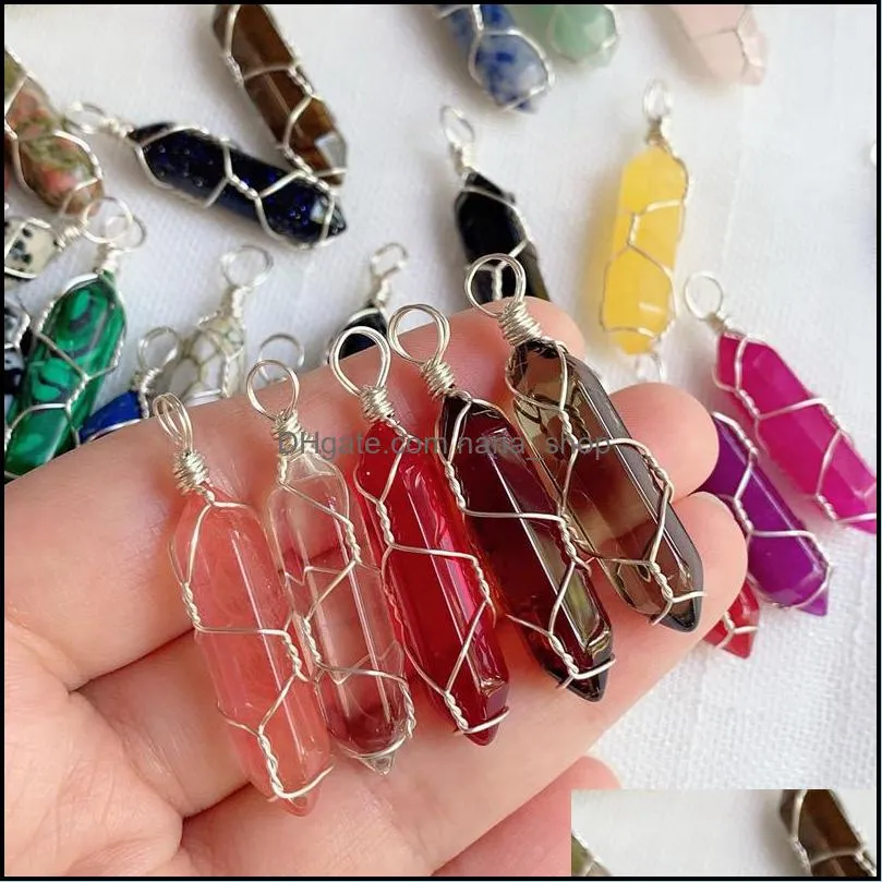 gold silver wire wrap chakra stone point pendulum pendant healing rose crystal reiki charms for necklace diy jewelry making amethyst