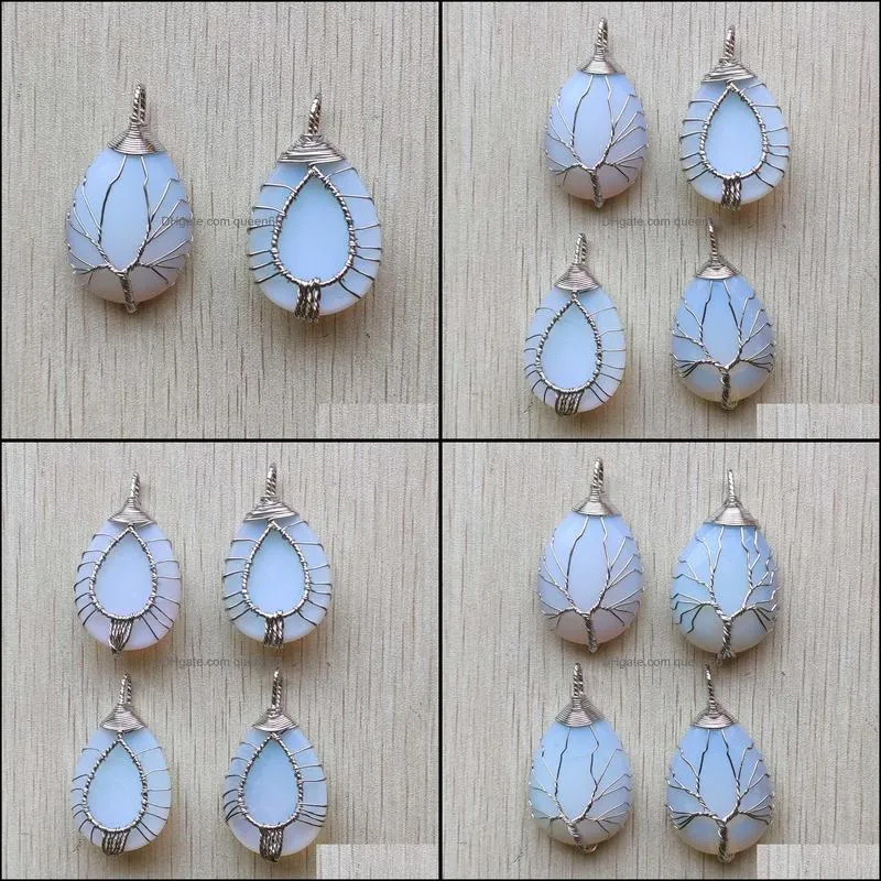 opal wire wrap handmade tree of life charms natural stone pendants diy necklace jewelry making