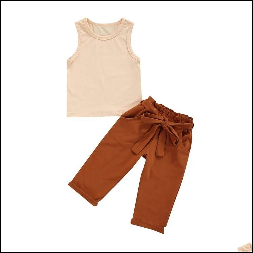 clothing sets 16years kids baby girls clothes set 2021 summer solid color sleeveless tank crop tops add bow pants with belt casual