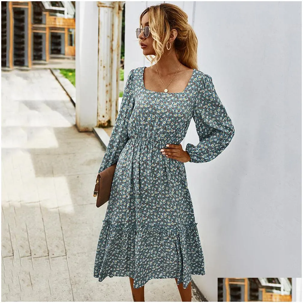 women long dress autumn winter long sleeve elegant ladies flower square collar dresses party black clothes for woman 201028