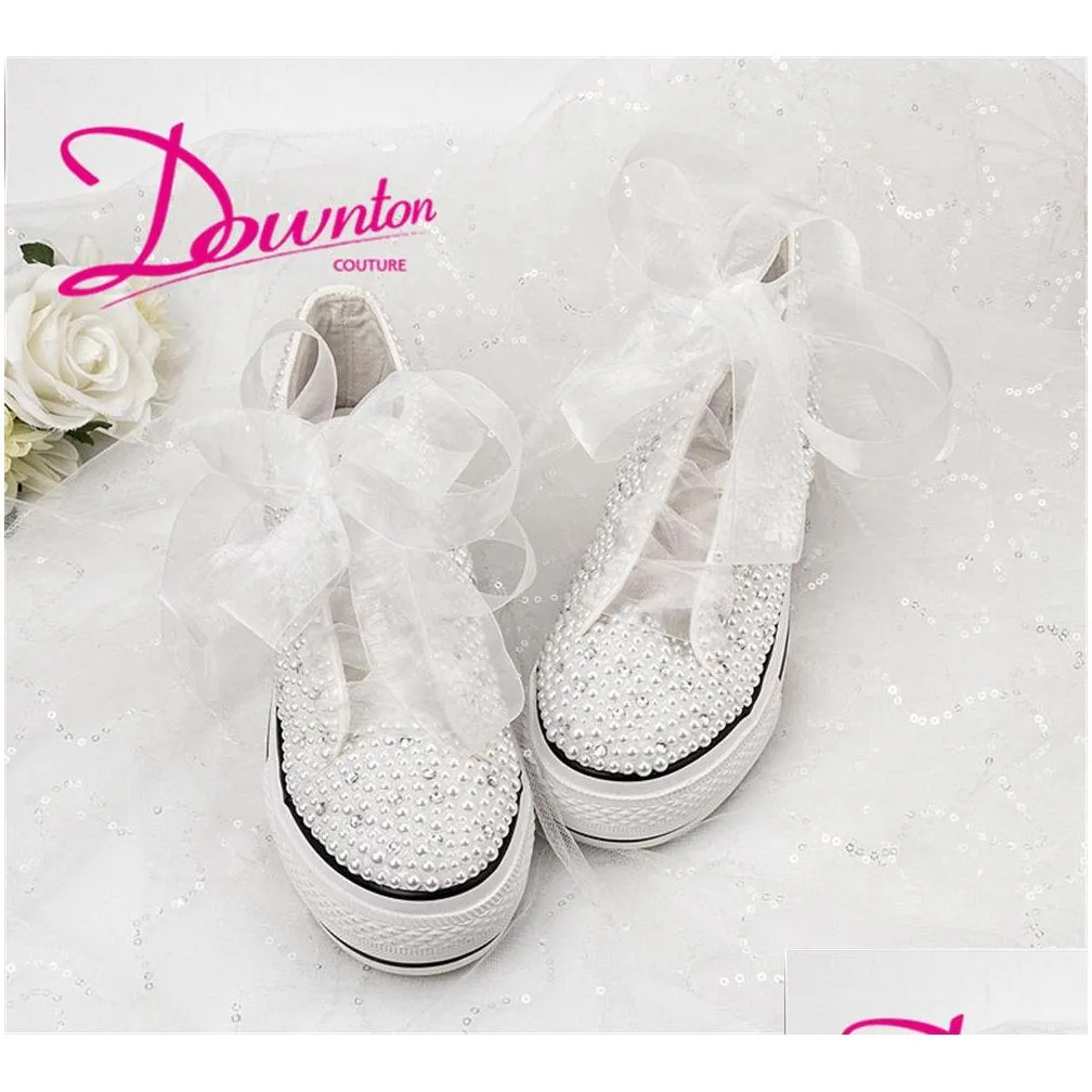 handmade custom letters crystals pearls wedding shoe sneakers bridal platform canvas plimsoll bridesmaid sneaker shoes size 3442280s