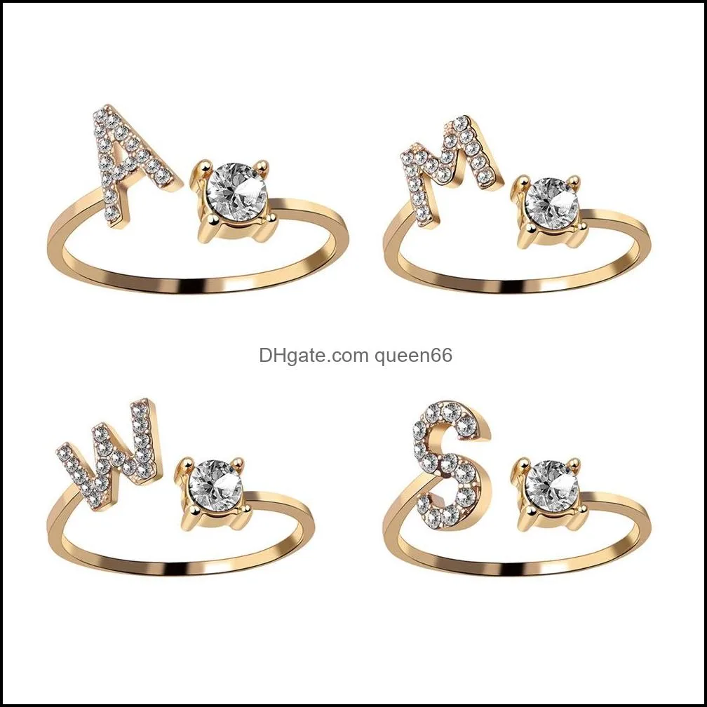 cute 26 letters rings for women adjustable rhinestone cz zircon ring alphabet letter initial tiny open rings finger accessories