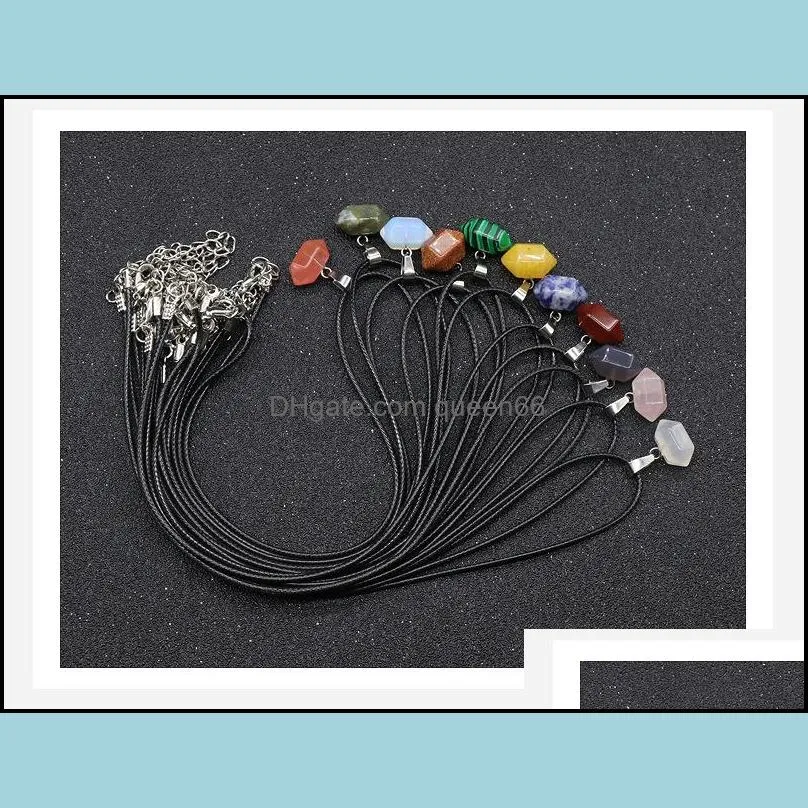 flat stone crystal quartz opal teardrop pendant necklace leather chains for men women fashion jewelry