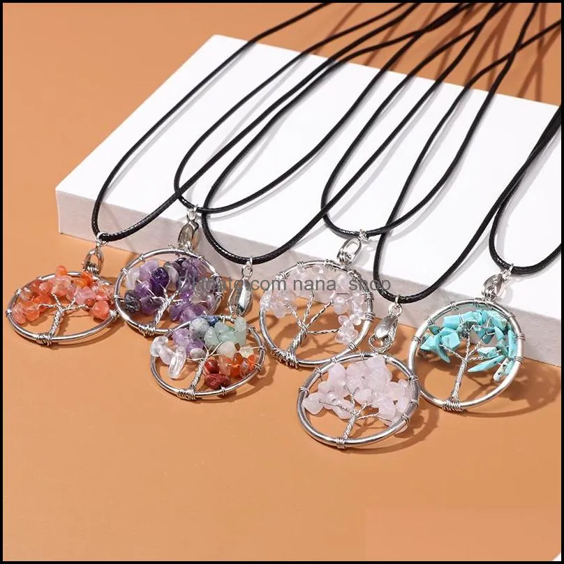 round tree of life pendant necklace 7 chakra amethysts quartz agates necklace leather chain necklaces women jewelry elegant gift