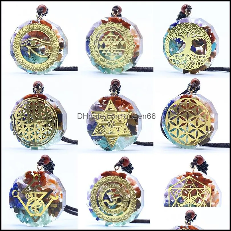 retro round reiki healing stone seven chakra orgone energy symbol pendant necklace gravel meditation amulet orgonite crystal necklaces