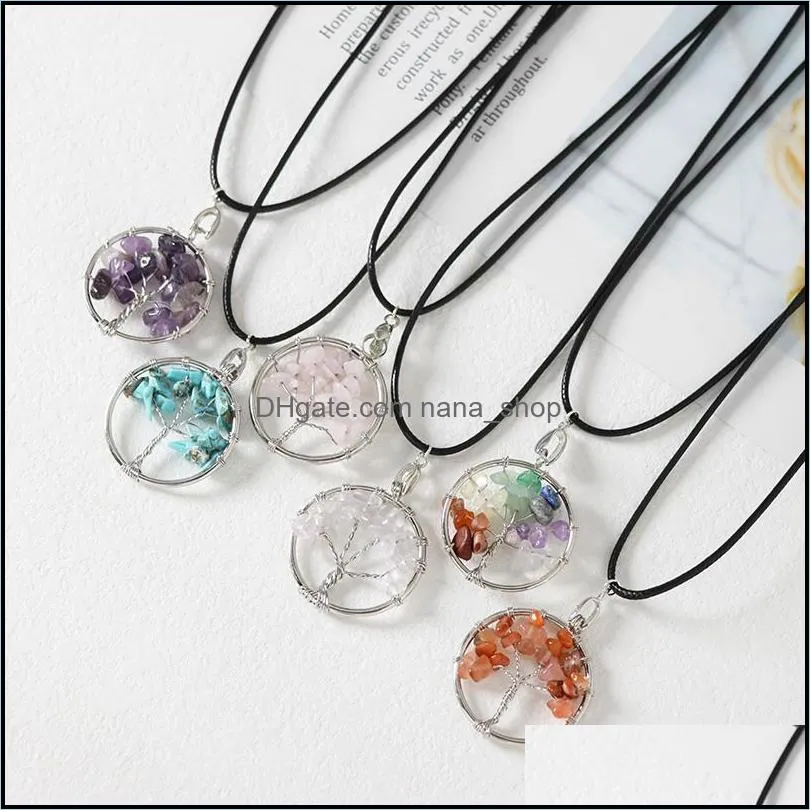 round tree of life pendant necklace 7 chakra amethysts quartz agates necklace leather chain necklaces women jewelry elegant gift