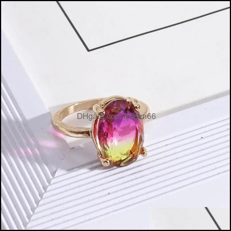 fashion gold plated oval gradient pink blue glass crystal rings chromatic geometric ring for women jewelry gift