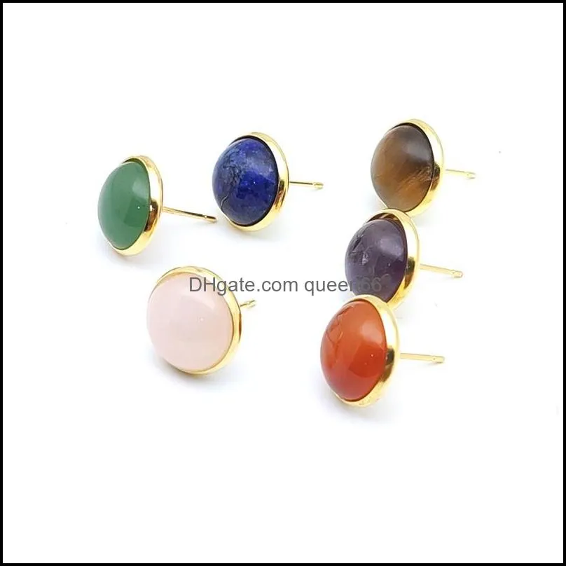 12mm healing stone gold plated stud earrings rose quartz purple amethyst crystal lazuli reiki earring for women girl