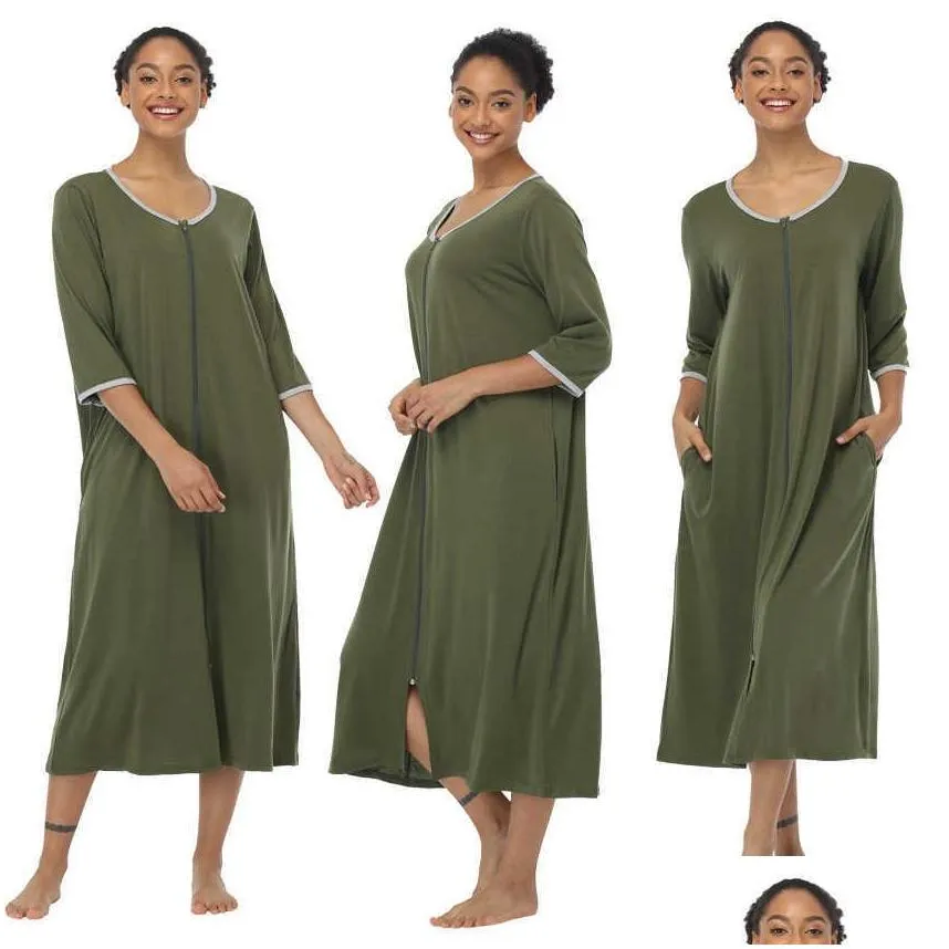 women long sleepwear soft zipper front robes winter warm nightgown cotton kimono bathrobe loungewear maternity housecoat zip up 210831