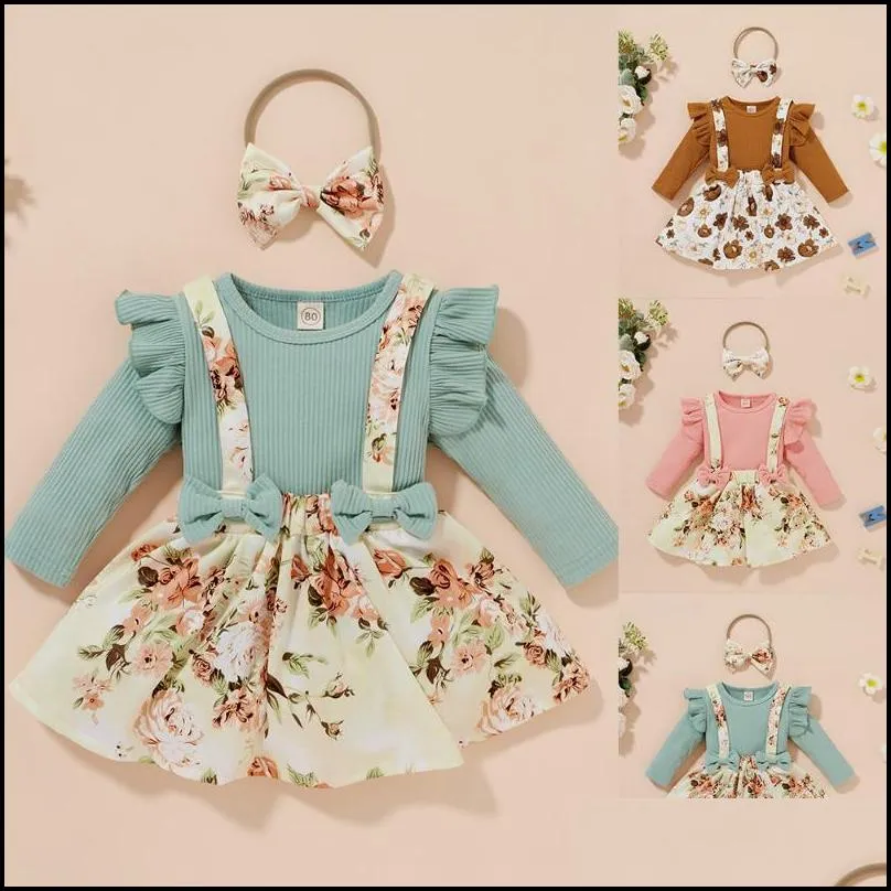 clothing sets baby girls solid color clothes 3 piece set summer sweet ruffle long sleeve tops floral pritn skirt headband child outfits