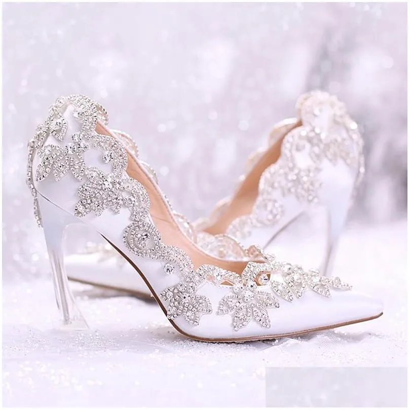 2018 stylish pearls flat wedding shoes for bride prom 9cm high heels plus size pointed toe lace bridal shoes