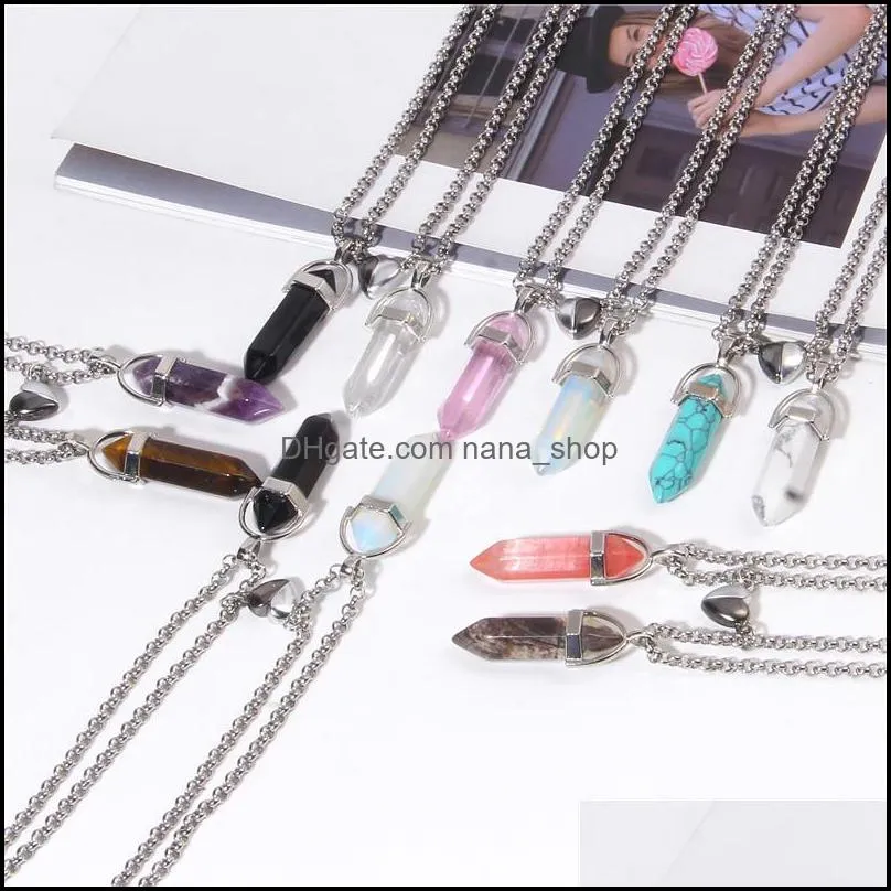 2pcs/set lover fashion hexagonal cylindrical crystal necklace magnetic heart pendant stone necklace for lovers jewelry reiki