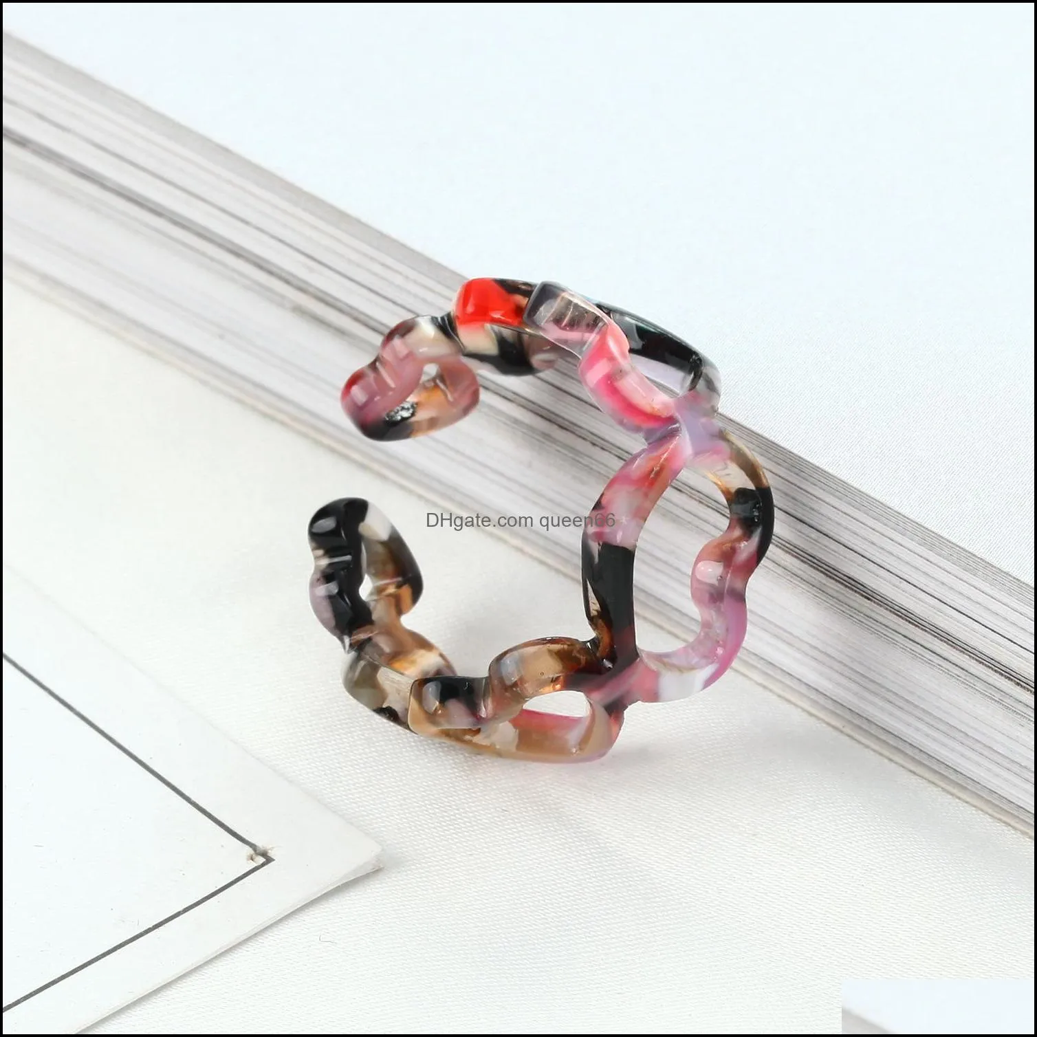 fashion leopard print resin acrylic hollow heart chain ring for women colourful geometric rings jewelry gifts