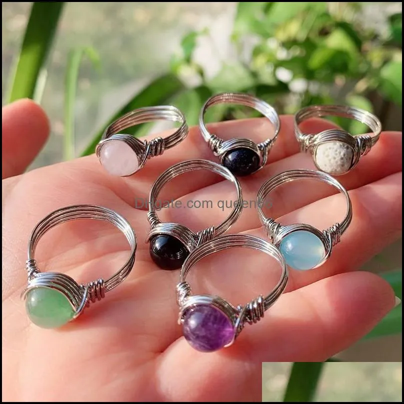 natural stone wire wrapped crystal ring healing purple amethysts agates pink quartz fashion women rings party wedding jewelry