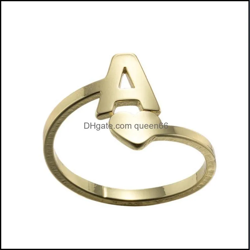 gold silver open lover heart stainless steel rings 26 letters ring for woman opening wedding zodiac finger ring birthday jewelry gift