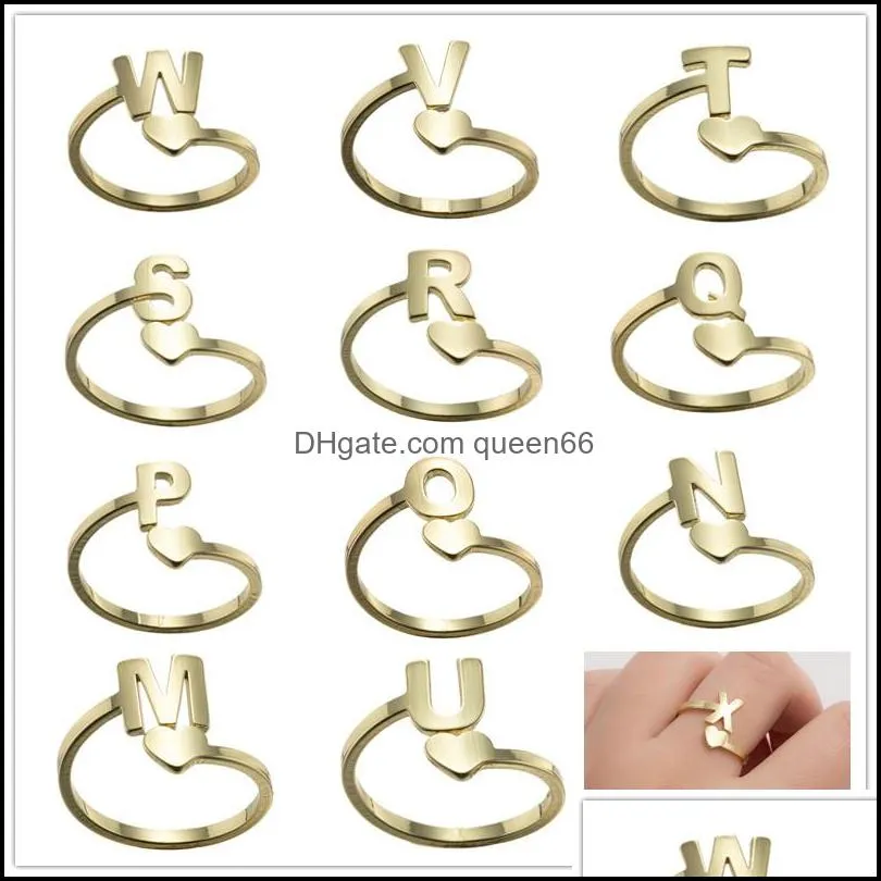 gold silver open lover heart stainless steel rings 26 letters ring for woman opening wedding zodiac finger ring birthday jewelry gift